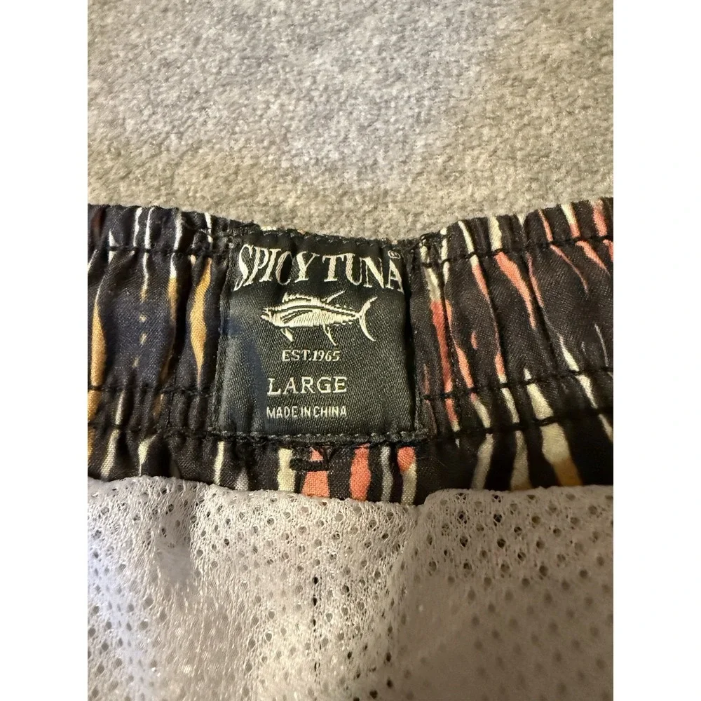 Men's Spicy Tuna Swim Trunks Boardshorts Large Black Striped Lined Pockets Beach